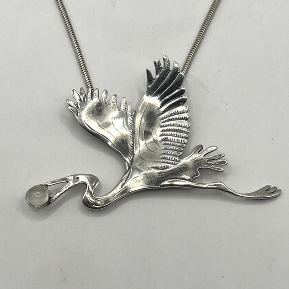 Vintage Sterling Silver Flying Blue Heron Stork Pendant Necklace Handcrafted - Picture 8 of 15
